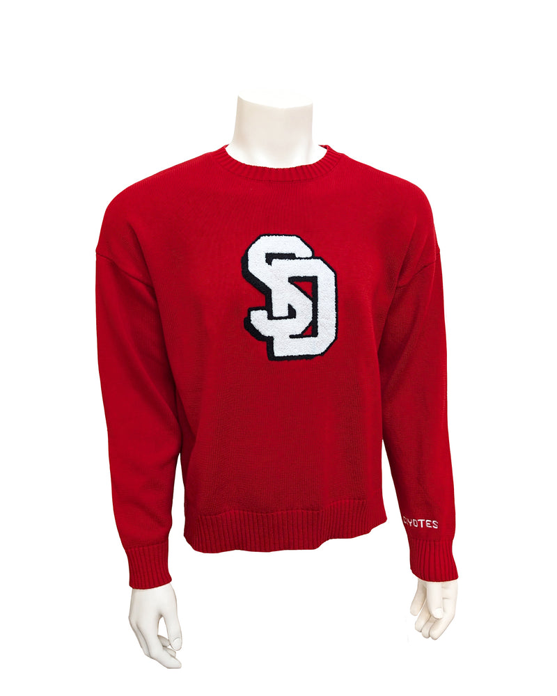 Red pullover sweater with large black and white chenille SD on chest and small embroidered, 'COYOTES,' near left sleeve cuff.