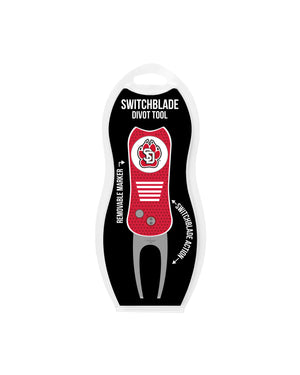 Switchblade divot tool with removable marker with SD Paw logo.
