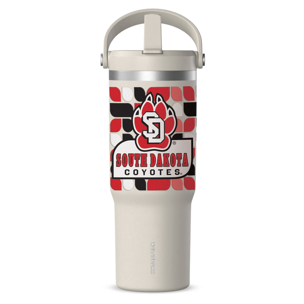 Stone colored tumbler with flip top handle and straw and red, white and black design with large SD Paw logo and text, 'SOUTH DAKOTA COYOTES.'