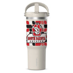 Stone colored tumbler with flip top handle and straw and red, white and black design with large SD Paw logo and text, 'SOUTH DAKOTA COYOTES.'