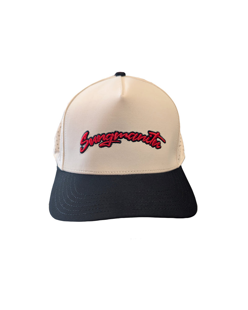 Tan hat with black bill and red and black puff embroidered 'Sungmanitu' across the front. Back is mesh with snapback.