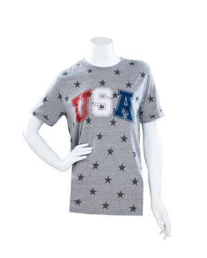 Heather gray tee with black stars all over and red, white and blue text that says, 'USA' across the chest