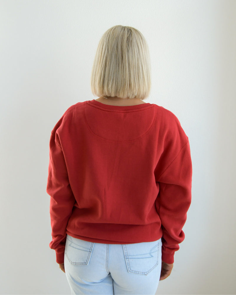 Back of red embossed crew.