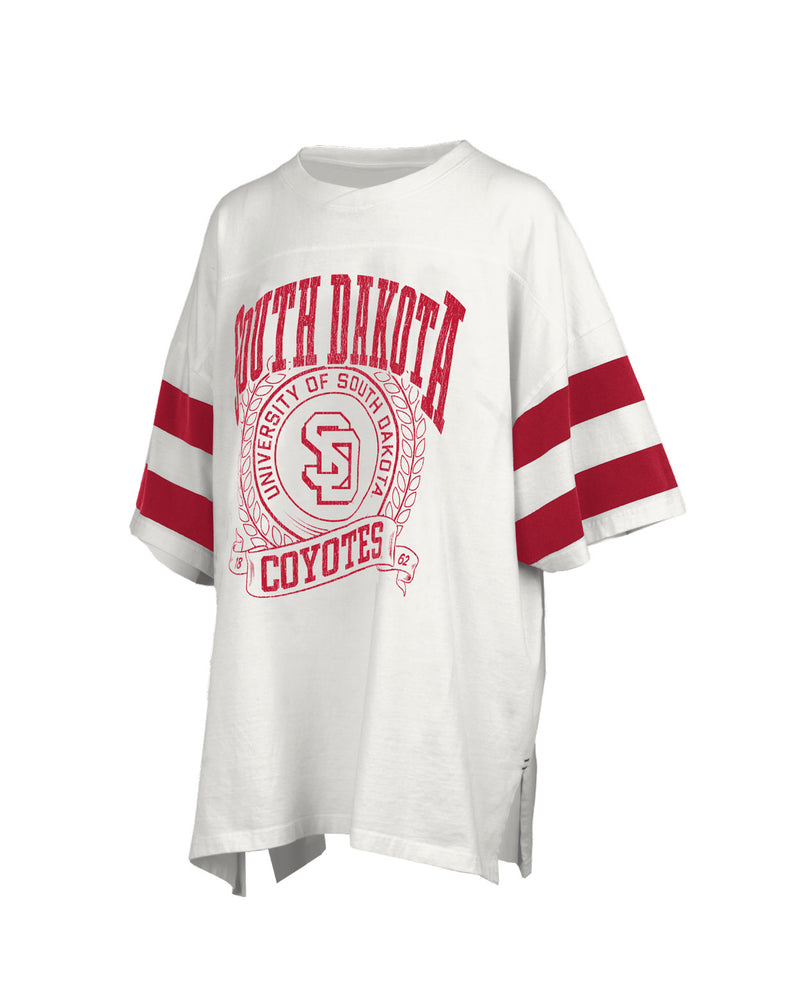 White short sleeve tee with red arm stripes and South Dakota Coyotes lettering