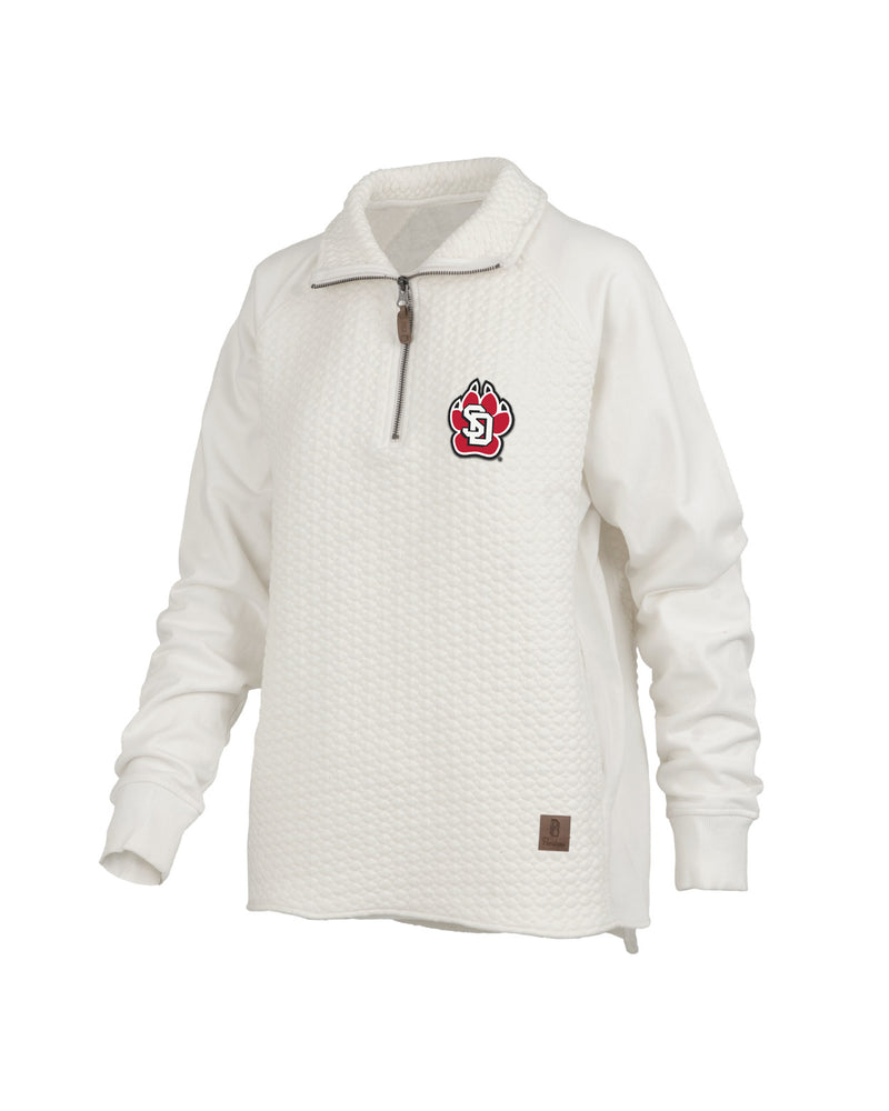 White knitted quarter zip with SD Paw logo on the upper left chest