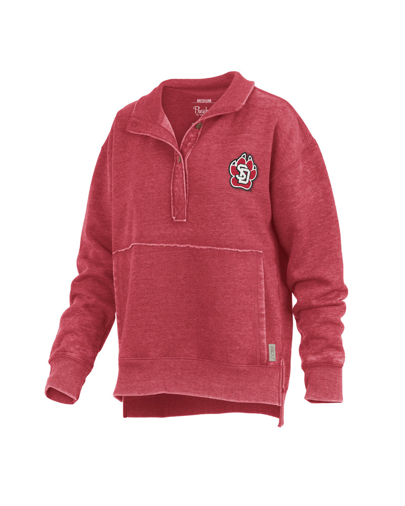 Red long sleeve Henley vintage crew with SD paw logo on upper left chest.