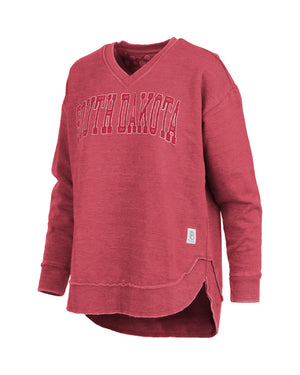 Red long sleeve v-neck with text, 'South Dakota' in applique