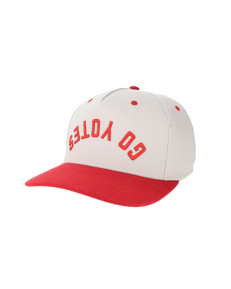 Beige and red cap with upside down embroidered 'GO YOTES.' 