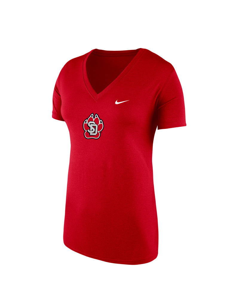 Red v-neck Nike women's tee with SD Paw logo at middle chest and white Nike logo on upper left chest. 