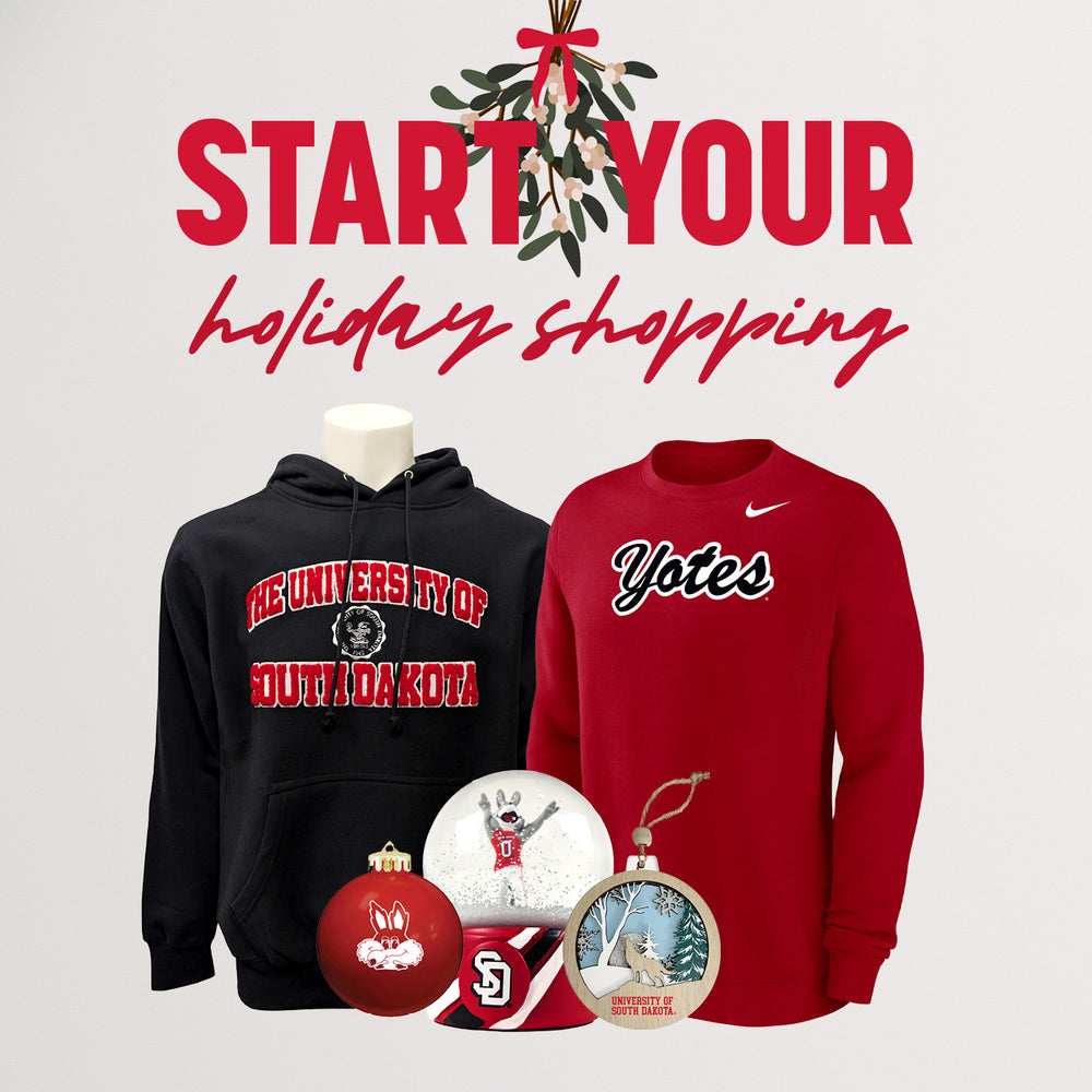 Holiday-themed merchandise including sweatshirts, snowglobe and ornaments on a white background with text 'Start Your Holiday Shopping'.
