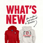 Graphic with paper textured background and red text to the left side, 'WHAT'S NEW,' with smaller black handwriting text, 'Now in-store and online at Charlie's,' with an arrow pointing to red fill zip jacket and the back of an oatmeal full zip with large screenprint of SD Paw log and text 'UNIVERSITY OF SOUTH DAKOTA COYOTES 1862.'