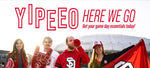 Group of fans in USD gear outside of the Dakota Dome with promotional text 'YIPEEO HERE WE GO Get your game day essentials today!'