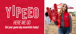 Red graphic with text, 'YIPEEO HERE WE GO Get your game essentials today!' and image of a young woman dressed in USD gear holding up a foam paw outside the Dome.