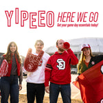 Group of fans in USD gear outside of the Dakota Dome with promotional text 'YIPEEO HERE WE GO Get your game day essentials today!'