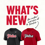 Graphic with paper textured background and red text to the left side, 'WHAT'S NEW,' with smaller black handwriting text, 'Now in-store and online at Charlie's,' with an arrow pointing to a new black Nike tee and red tee both with, 'Yotes,' script across chest.