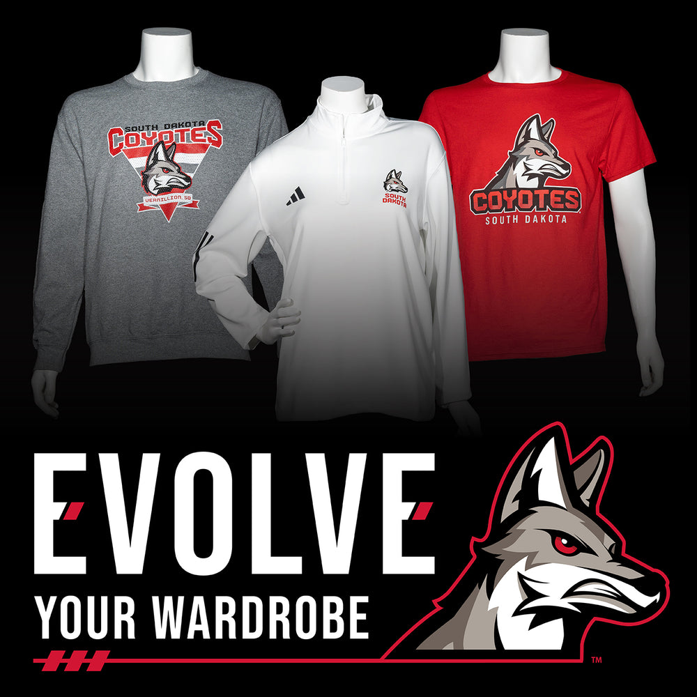 Black background with new Coyote logo near bottom right with text, 'EVOLVE YOUR WARDROBE' and image of white Adidas quarter zip, Gray crew, and red tee above.