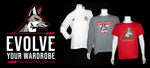 Black background with new Coyote logo to the right with text, 'EVOLVE YOUR WARDROBE' below and image of white Adidas quarter zip, Gray crew, and red tee to the right with the new Coyote logo