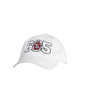 White Adjustable hat with 605 on the front and the SD Paw logo
