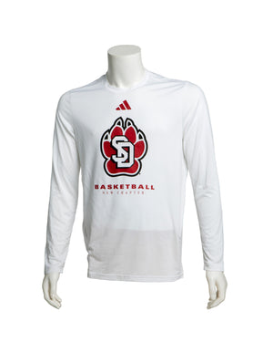 
                
                    Load image into Gallery viewer, Adidas White long sleeve basketball shooting shirt with Red Adidas logo, SD Paw logo and the words &amp;#39;BASKETBALL NEW CHAPTER&amp;#39;
                
            