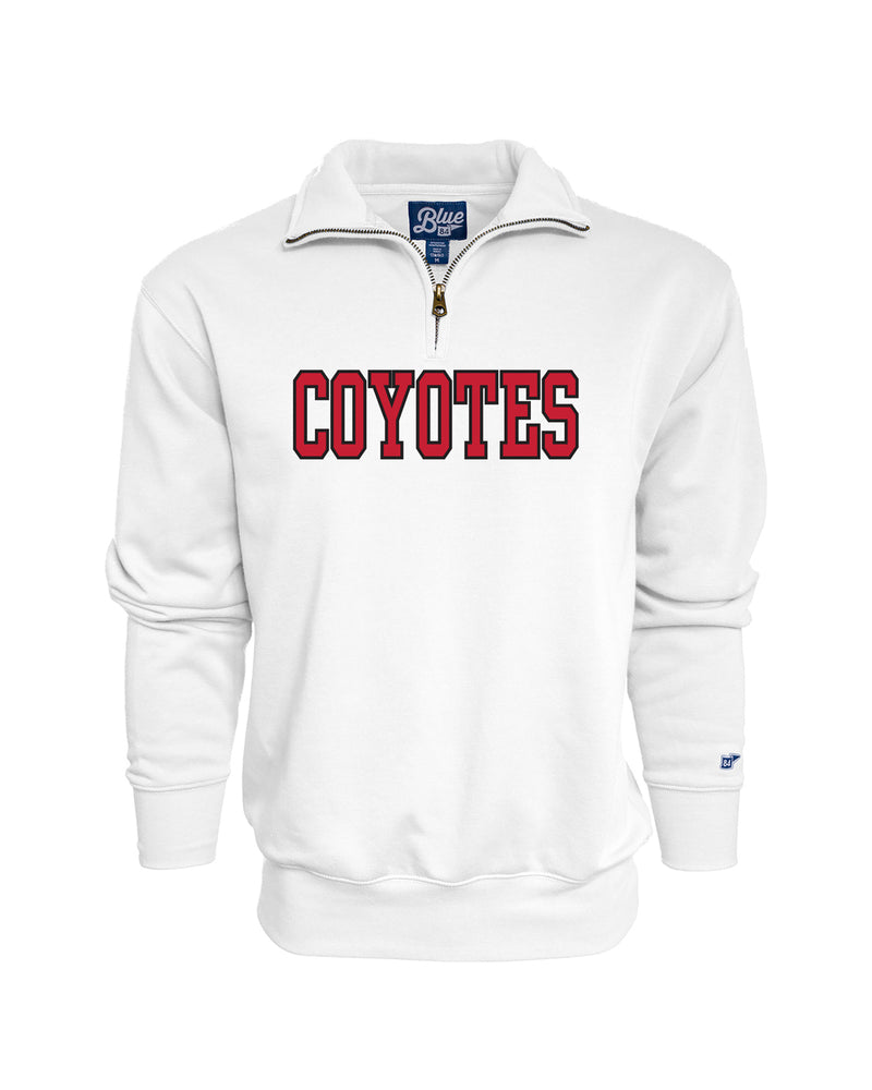 White fleece quarter zip with 'COYOTES' in red and black across chest. 