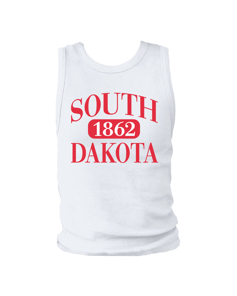 White ribbed women's tank with red 'SOUTH DAKOTA 1862' across chest.