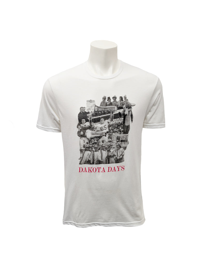 White tee with collage of vintage black and white Dakota Days photos and red text below 'DAKOTA DAYS.'