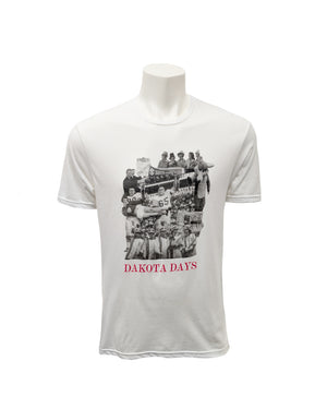 White tee with collage of vintage black and white Dakota Days photos and red text below 'DAKOTA DAYS.'