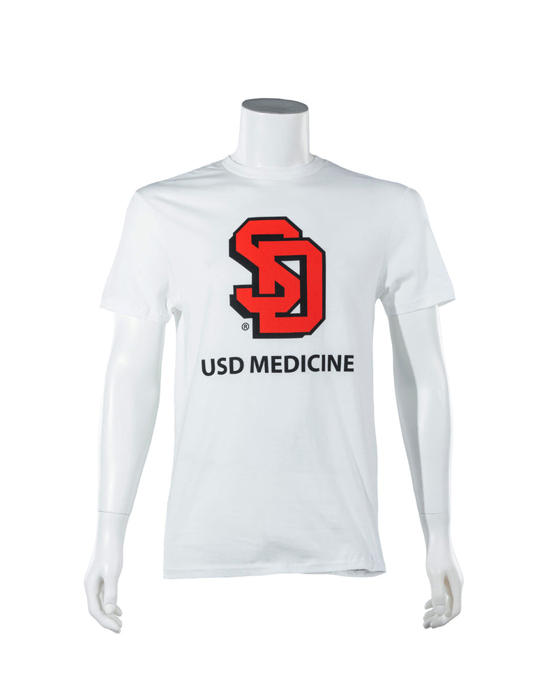 White unisex tee with large red and black SD logo and black text below, 'USD MEDICINE.'