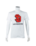 White unisex tee with large red and black SD logo and black text below, 'USD MEDICINE.'