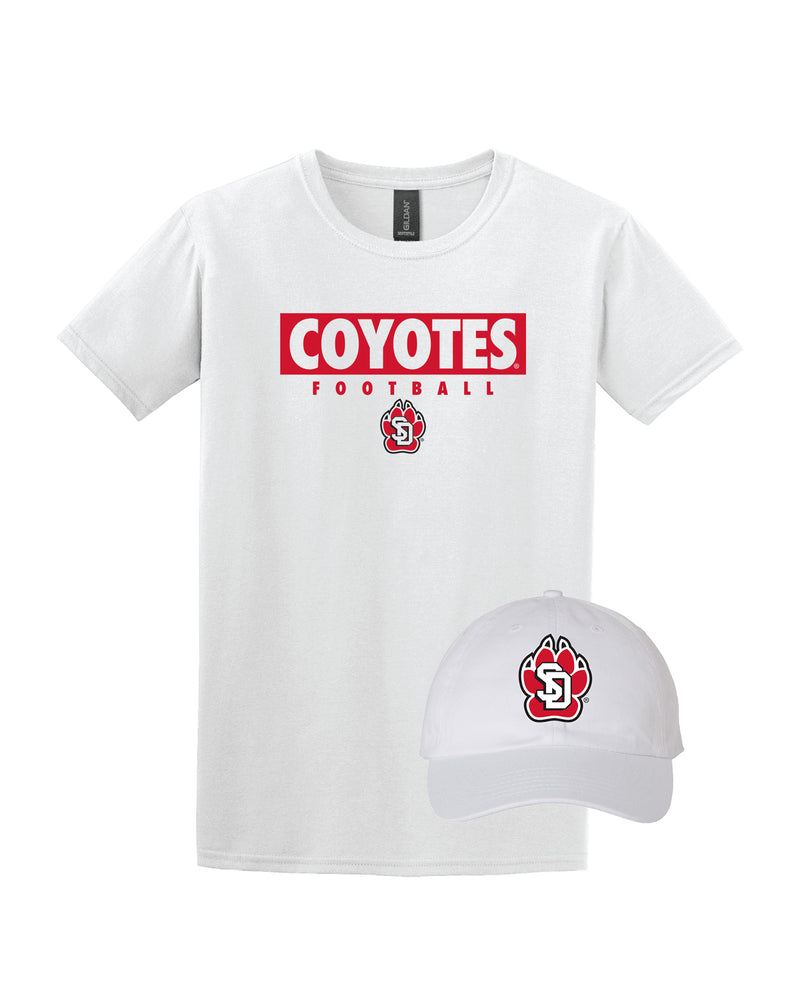 White t-shirt with 'COYOTES FOOTBALL' text and white hat with SD Paw.