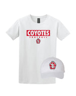 White t-shirt with 'COYOTES FOOTBALL' text and white hat with SD Paw.