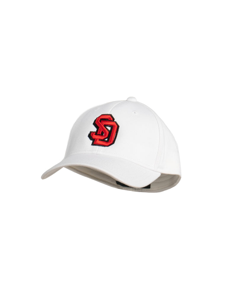 White flex fit hat with the SD logo in red on the front