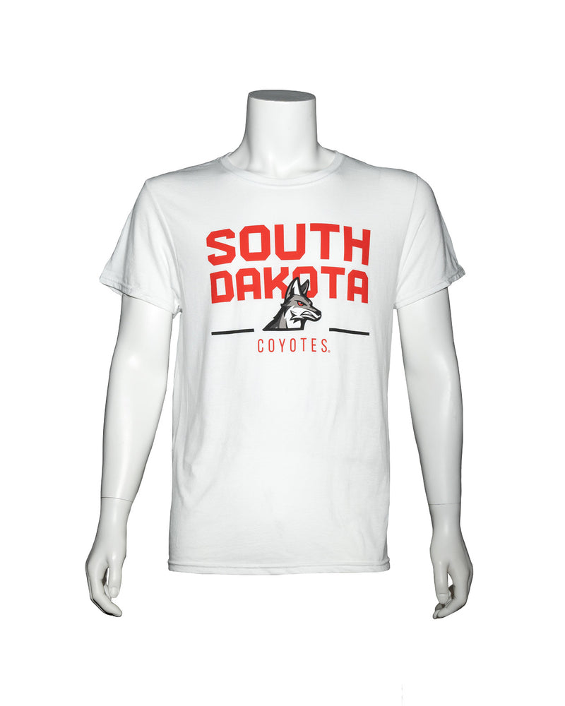 White short-sleeve unisex tee with large graphic across chest that is red text, ‘SOUTH DAKOTA COYOTES,’ with smaller new Coyote logo below.