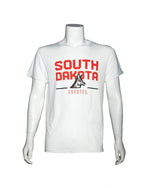 White short-sleeve unisex tee with large graphic across chest that is red text, ‘SOUTH DAKOTA COYOTES,’ with smaller new Coyote logo below.