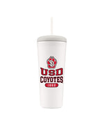 White tumbler with flexible straw and red and black design, 'USD COYOTES 1862,' with the SD Paw logo above.