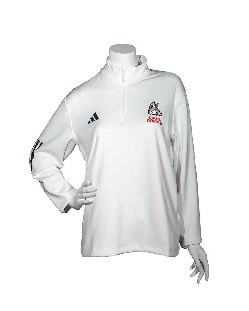 White Adidas women’s half zip crew with three small black stripes on elbow area of sleeve, a black Adidas logo on upper right chest and full color new Coyote logo with red, ‘SOUTH DAKOTA,’ below on upper left chest.