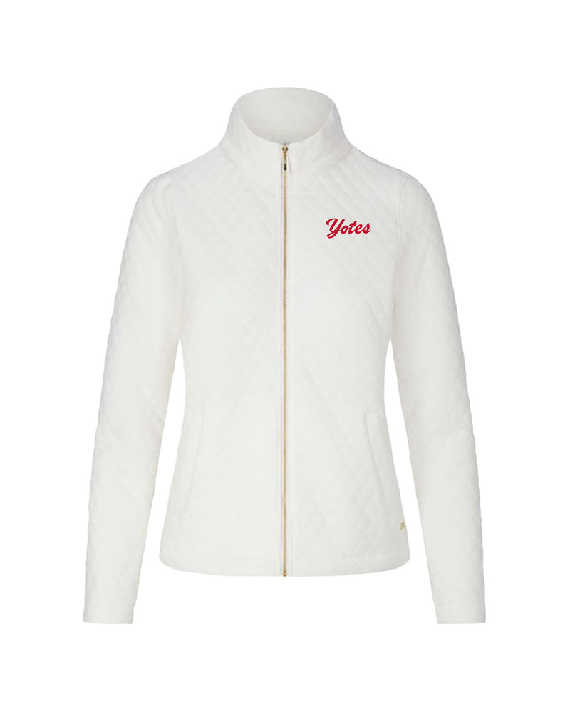 Quilted cream full zip women's jacket with red script 'Yotes' on upper left chest. 