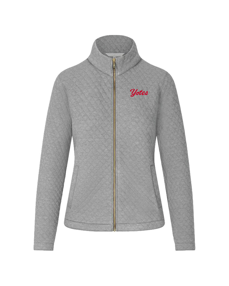 Quilted gray full zip women's jacket with red script 'Yotes' on upper left chest. 