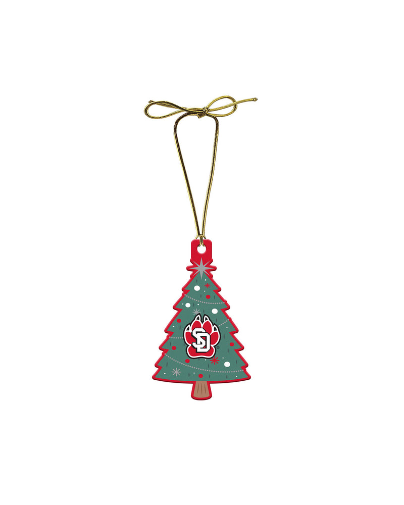 Multi color wood holiday tree ornament with SD Paw logo.