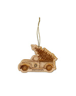 Flat wooden ornament of old truck with SD Paw logo on side carrying a Holiday tree in the back end and text below, 'UNIVERSITY OF SOUTH DAKOTA.'