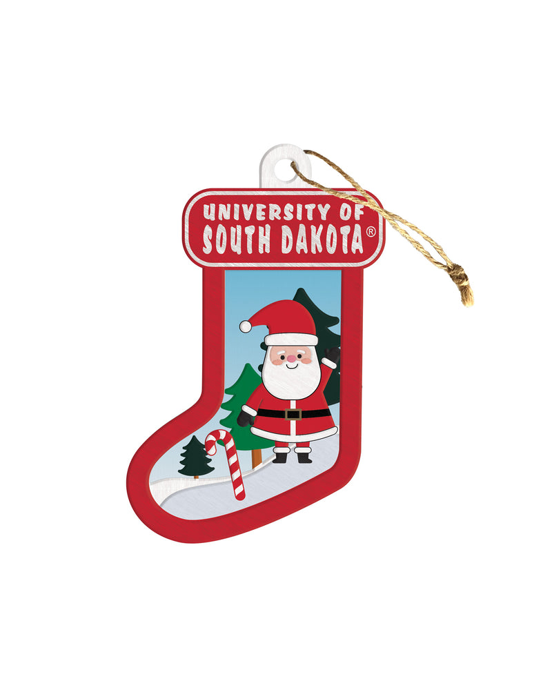 Wooden holiday ornament stocking with, 'UNIVERSITY OF SOUTH DAKOTA,' at top and santa and a candy cane and trees on stocking.