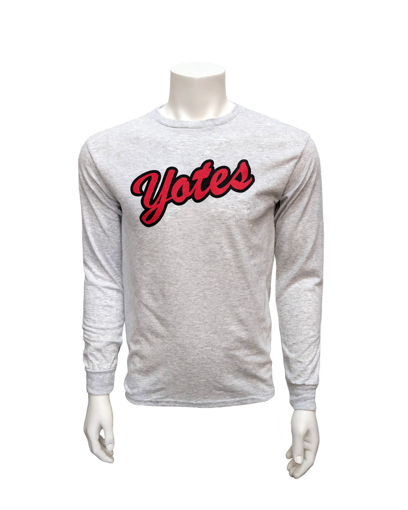 Light Heather gray unisex long-sleeve tee with script, 'Yotes,' across chest in red with black outline. 