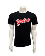 Black unisex tee with script, 'Yotes,' across chest in red with white outline. 