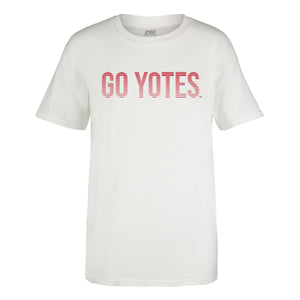 White youth tee with words, 'GO YOTES' in red across chest