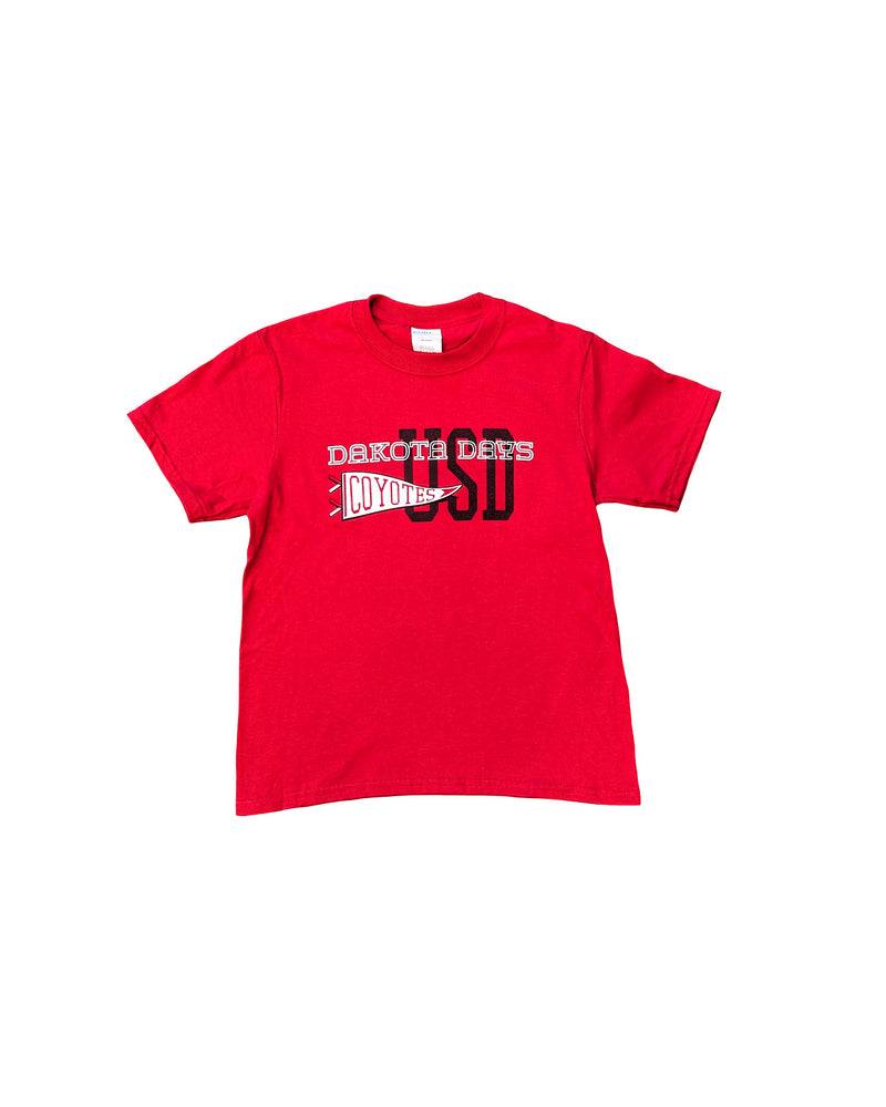 Red kids tee with text, 'USD DAKOTA DAYS COYOTES.'