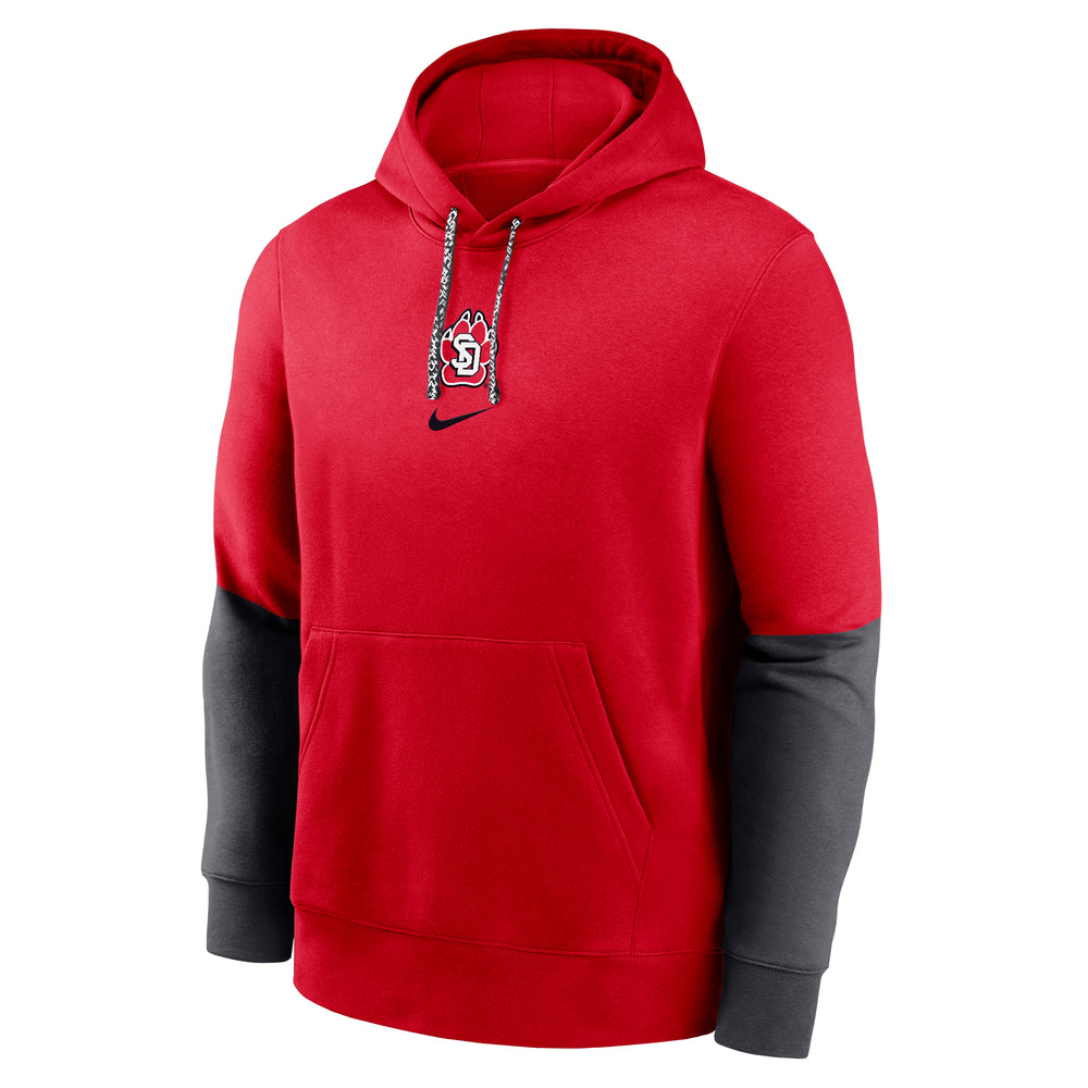 Red Nike hoodie with half if sleeves dark gray and SD Paw logo and Nike logo at center chest. 