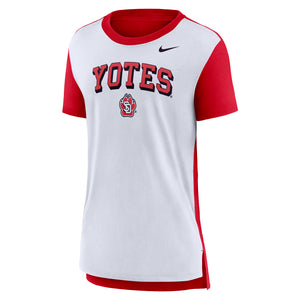 Nike tee with white body and red sleeves and text, 'YOTES,' across chest with SD Paw logo below and Nike logo near upper left neckline. 