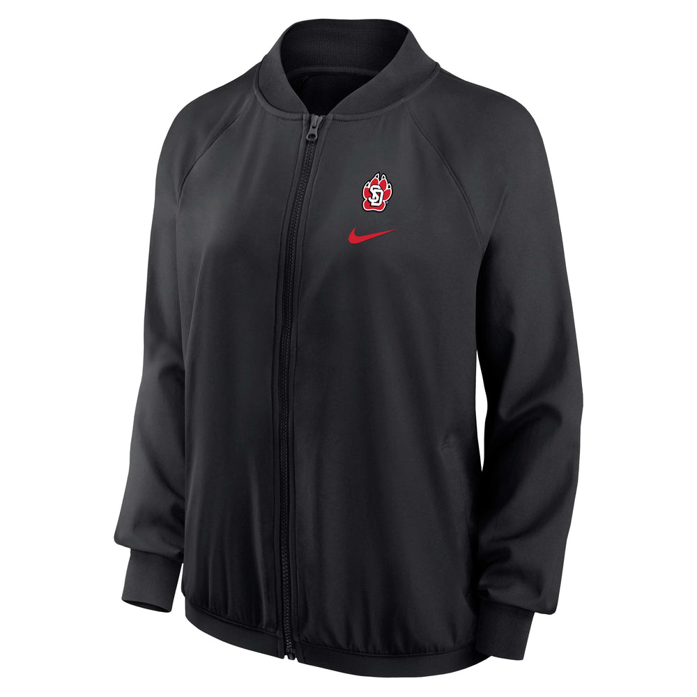 Women's black Nike full zip bomber jacket with SD Paw logo and red Nike logo on upper left chest. 