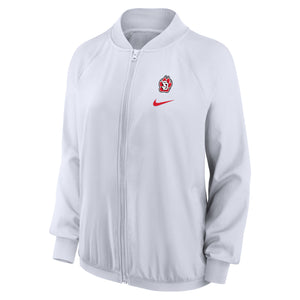 Women's white Nike full zip bomber jacket with SD Paw logo and red Nike logo on upper left chest. 