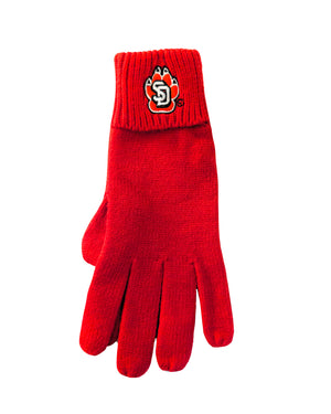 Red knit glove with SD Paw logo on wrist cuff.